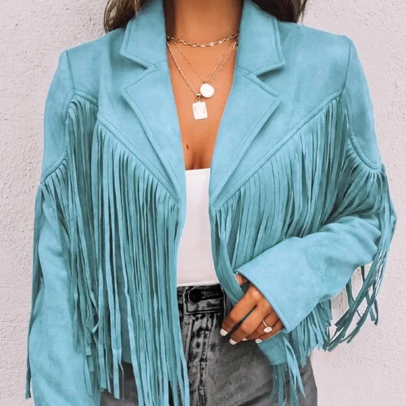 Blue tassel women faux suede jacket blazer fringe boho festival - Picture 2 of 4